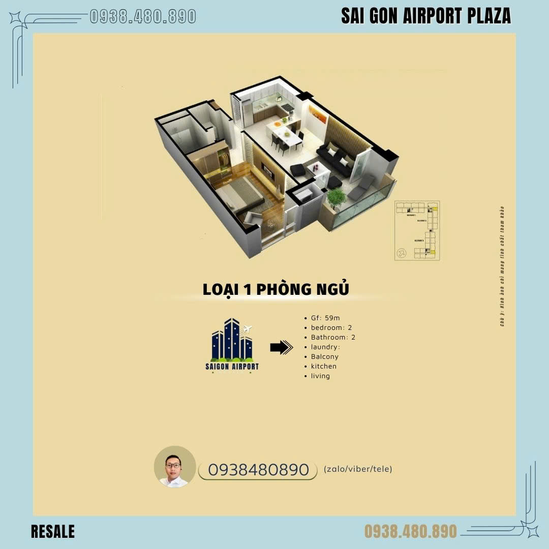 mặt bằng thiết kế căn hộ sai gon airport plaza 1 phòng ngủ 59m2